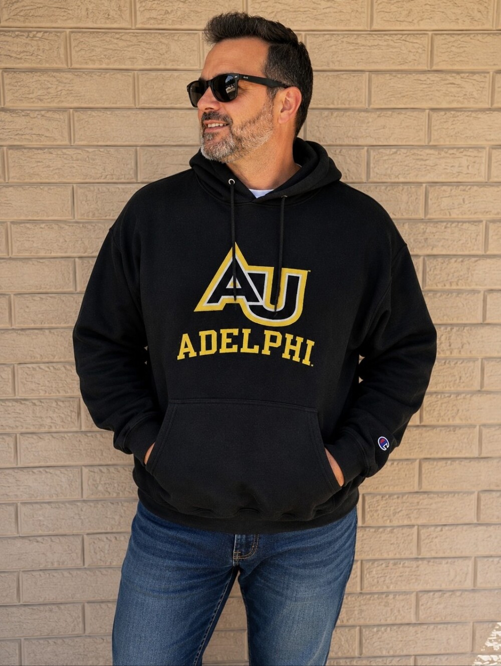 CHAMPION Adelphi University hooded Sweatshirt, size Large